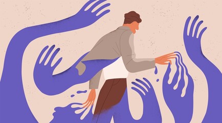 Man struggling with fear, social influence, control and manipulation. Concept of escaping from addiction and dependence. Colored flat textured vector illustration of man attached to creeping hands - obrazy, fototapety, plakaty