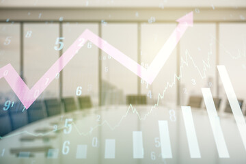 Multi exposure of virtual abstract financial graph and upward arrow on a modern conference room...