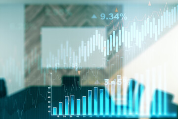 Double exposure of abstract creative financial chart hologram on a modern meeting room background, research and strategy concept