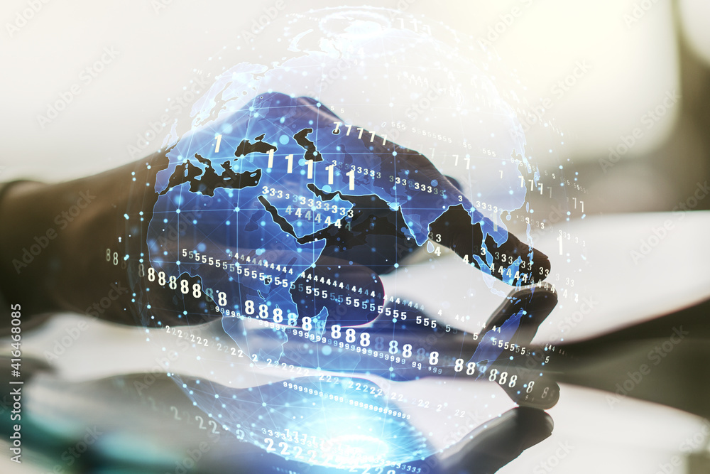 Aufkleber multi exposure of abstract software development hologram with world map and finger presses on a digi