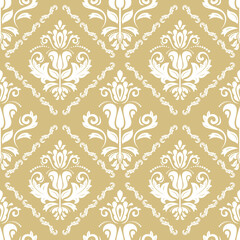 Classic seamless pattern. Damask orient ornament. Classic vintage background. Orient golden and white ornament for fabric, wallpaper and packaging