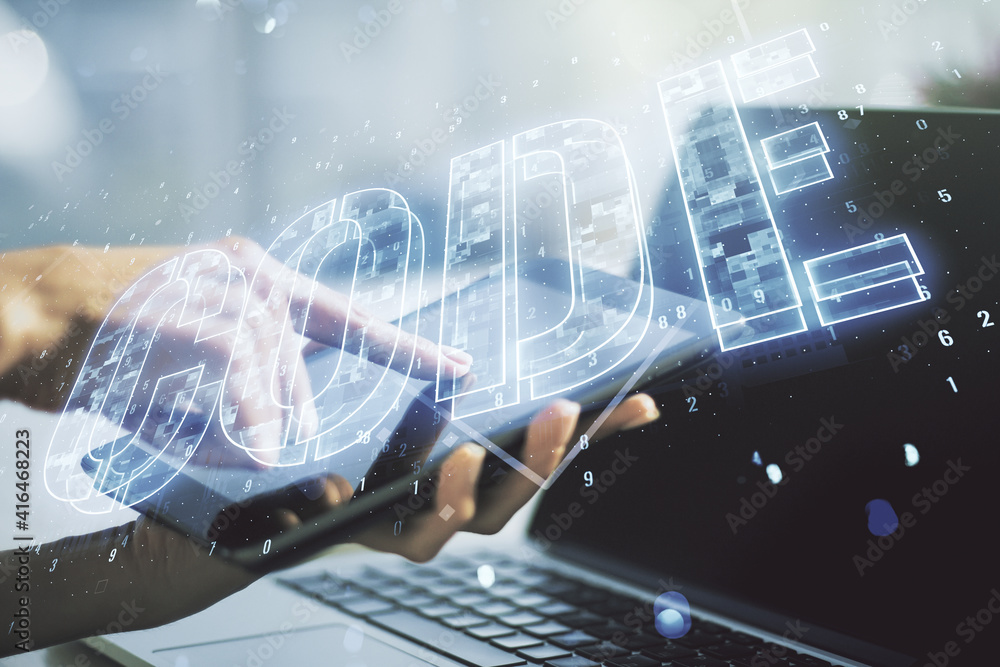 Poster creative code word hologram and finger clicks on a digital tablet on background, artificial intellig