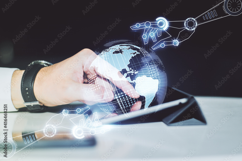 Aufkleber creative concept of robotics technology with globe sketch and finger clicks on a digital tablet on b