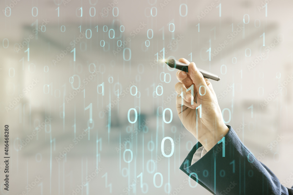 Poster man hand with pen working with abstract virtual binary code hologram on blurred office background, a