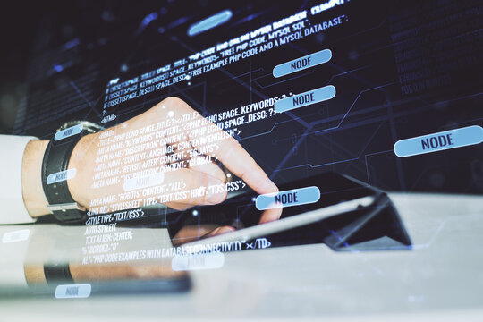 Double exposure of abstract programming language hologram with finger clicks on a digital tablet on background, research and development concept