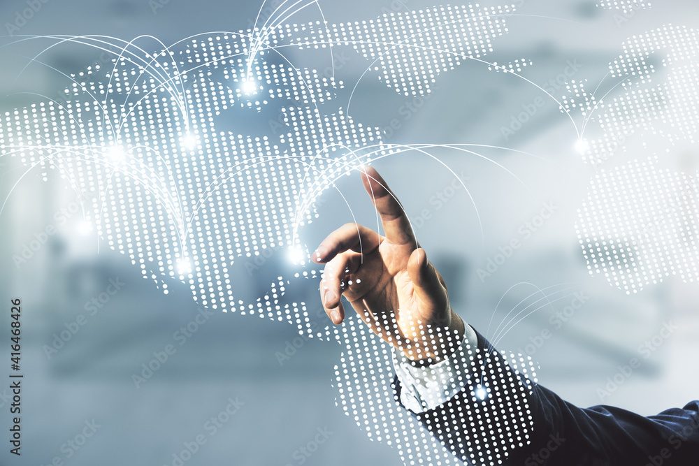 Aufkleber double exposure of man hand presses on abstract digital world map hologram with connections on blurr