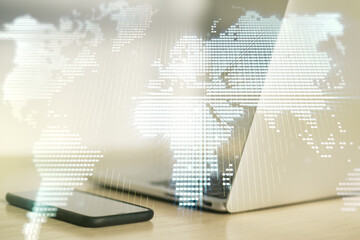 Fototapeta premium Abstract creative digital world map on modern computer background, globalization concept. Multiexposure