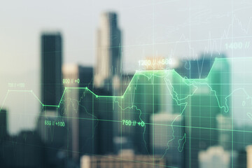 Multi exposure of stats data illustration on blurry skyline background, computing and analytics concept