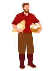 Happy bearded farmer with holds a chicken and a basket of eggs. Vector illustration in flat cartoon style. Isolated on a white background.