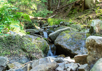 Mountain stream with cascades of small waterfalls. The photo was taken with increased shutter speed