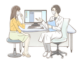 カウンセリングするドクターと女性患者＿マスクあり