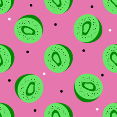 Kiwi seamless pattern. Green kiwi halves on a pink background. Simple abstract vector background. For paper, cover, fabric, gift packaging