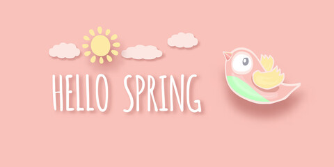 Hello spring label with spring birds and flowers on a soft pastel pink background. Hello spring simple cut paper style illustration design template