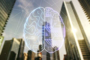 Double exposure of creative artificial Intelligence interface on modern skyscrapers background....