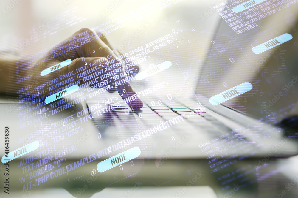 Poster multi exposure of abstract software development hologram with world map and hands typing on computer