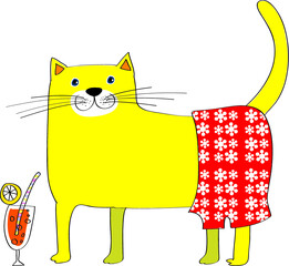 vector cartoon big cat drink lemon juice with red flower pants