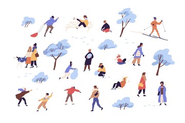 Set of trees in snow, outdoor activities and people on winter holidays. Adults and kids walking, playing, skiing, skating and sledding. Colored flat vector illustration isolated on white background