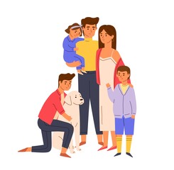 Portrait of big happy family standing together. Young smiling parents, children, baby and dog. Couple with kids and pet. Colored flat cartoon vector illustration isolated on white background
