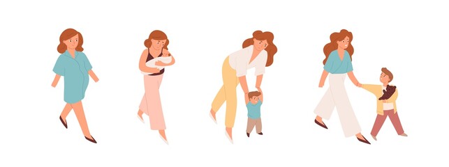 Pregnant woman, mother with newborn baby, mom supporting toddler and walking with child. Motherhood and growing up stages of kid. Colored flat cartoon vector illustration isolated on white background