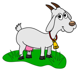 a happy goat with a little bell in its meadow