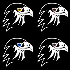 eagle with four different coloured eyes on a black background