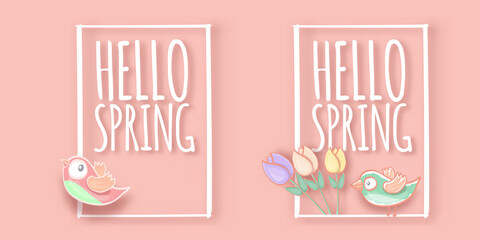 Hello spring label with spring birds and flowers on a soft pastel pink background. Hello spring simple cut paper style illustration design template