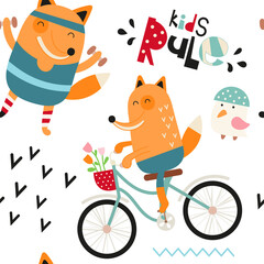 Seamless pattern with cute sport foxes - fox with dumbbells, fox bike. Vector kids illustration for nursery design. Foxes pattern for baby clothes, wrapping paper.