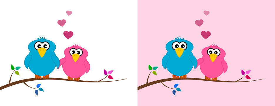 a loving bird couple sitting on a branch with colourful leaves
