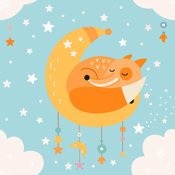Seamless pattern with cute fox sleeping on moon in cartoon style. Vector kids illustration for nursery design. Foxes pattern for baby clothes, wrapping paper.