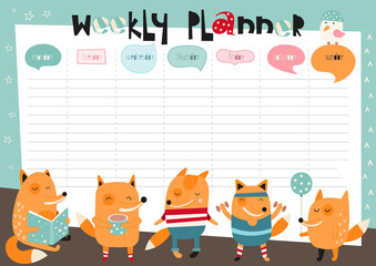 Obraz na płótnie Canvas Kids weekly planner with cute fox, little foxes in cartoon style. Kids schedule design template. Vector illustration.