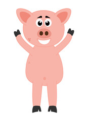 a very smiling pink pig with his arms raised and happy to have grown up on a farm 