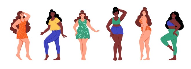 Set of curvy women. Plus size girls. The concept of body positivity, self-love. Love your body. Flat cartoon vector illustration.