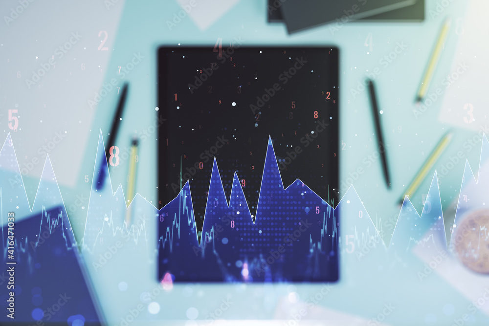 Poster multi exposure of stats data illustration and modern digital tablet on background, top view, computi