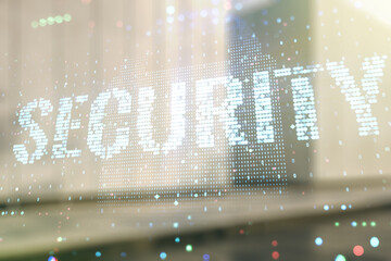 Virtual cyber security creative concept on blurry modern office building background. Double exposure