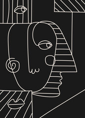 Hand drawn surrealistic, abstract face in line art style, modern minimalism art, aesthetic contour
