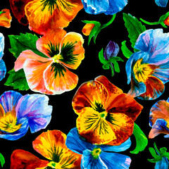 Watercolor floral pattern. Beautiful pansies isolated on black background