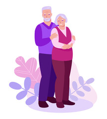 Elderly couple on a background of leaves, plants. The concept of relationships, care, support in old age. Vector illustration in flat cartoon style.