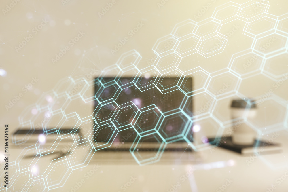 Poster creative abstract wireless technology hologram with hexagon on modern computer background, artificia