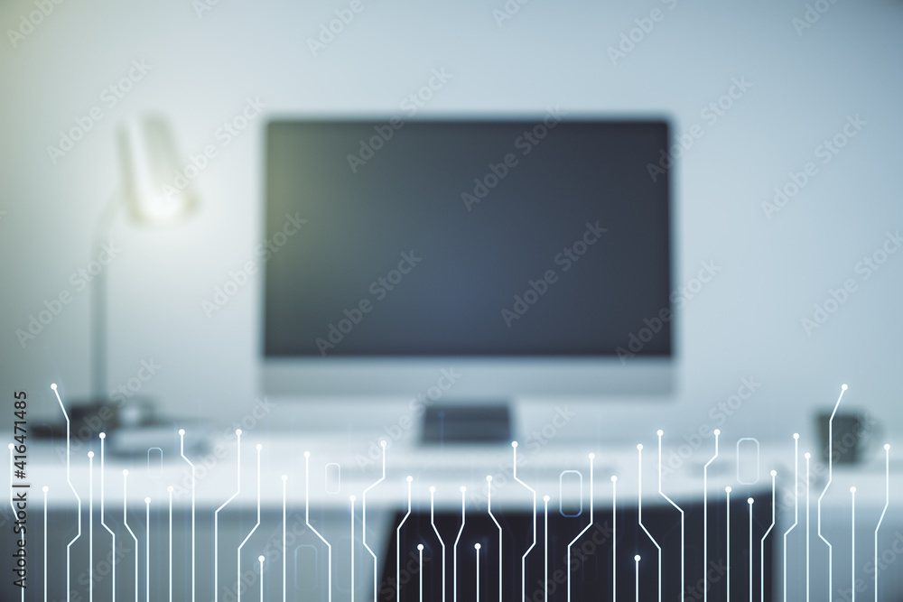 Poster creative abstract micro chip hologram on modern computer background, artificial intelligence and mac