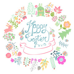 Fototapeta na wymiar Happy Easter greeting card with cultured eggs and flowers, illustration