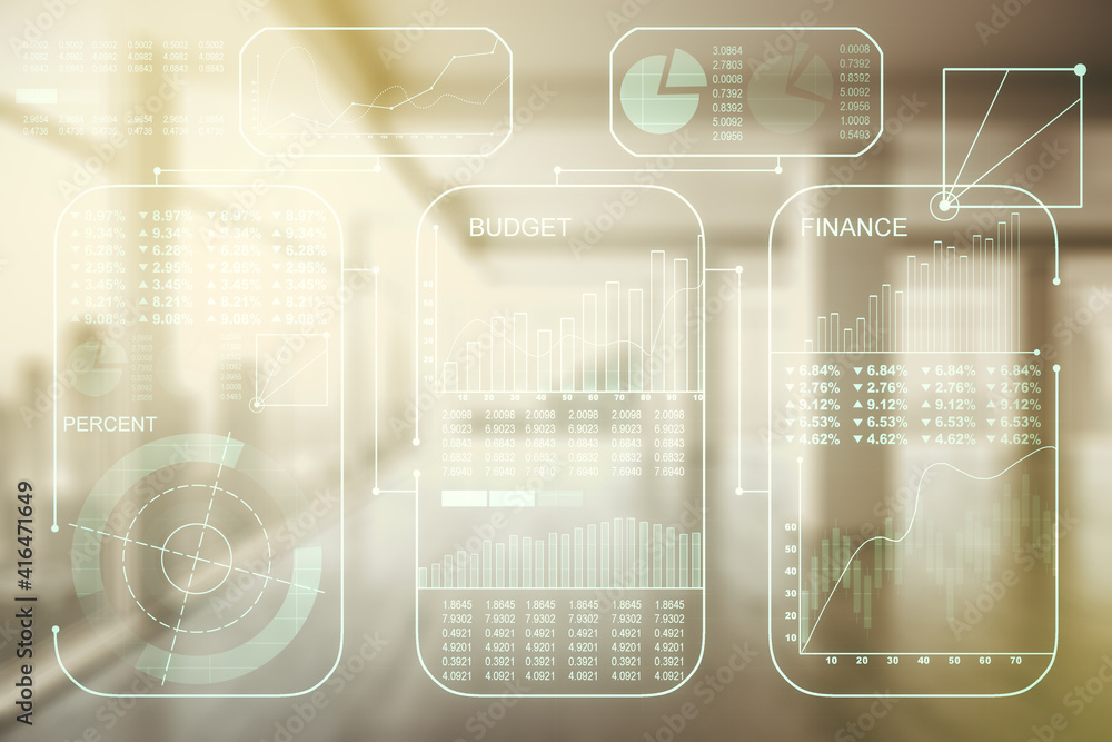 Poster double exposure of abstract virtual statistics data hologram on empty modern office background, stat