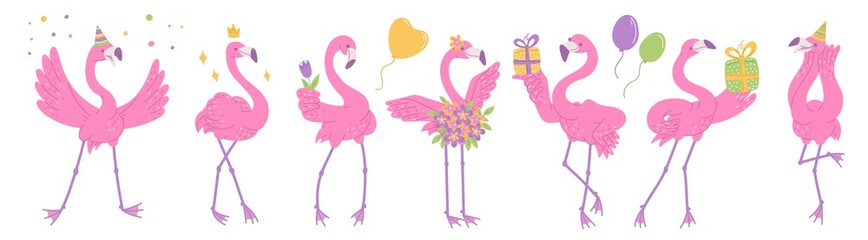 Cute pink flamingos celebrating birthday. African bird characters cartoon flat illustration isolated on white background.