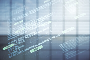 Obraz premium Double exposure of abstract creative programming illustration on empty room interior background, big data and blockchain concept