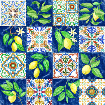 Seamless checkered pattern of watercolor painted mosaic tiles with floral ornaments in Sicilia Mediterranean majolica ceramic painting style and hand drawn lemon fruits and leaves. Wallpaper, batik