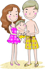vector cartoon family daddy mommy baby in beach