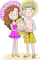 vector cartoon family daddy mommy baby in beach