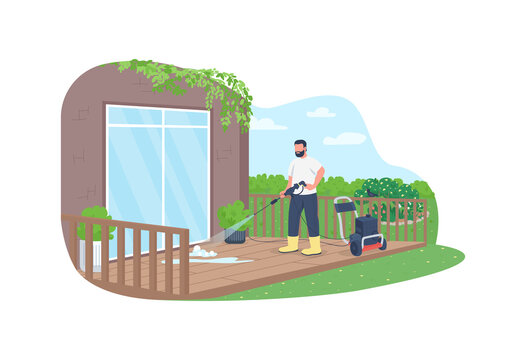 Deck Cleaning With Power Wash Gun 2D Vector Web Banner, Poster. Professional Cleaner Flat Characters On Cartoon Background. Spring Outside Housekeeping Work Printable Patch, Colorful Web Element