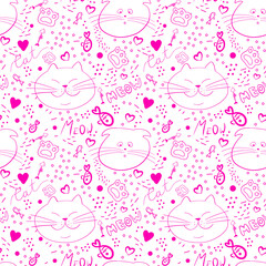 funny cat seamless vector pattern. Vector illustration.Pink doodle pattern with cats 