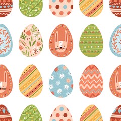 Seamless pattern with different colorful Easter eggs on white background. Repeatable spring festive texture. Endless design for printing. Hand-drawn colored flat vector illustration