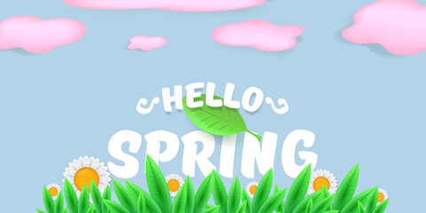 vector hello spring pink horizontal banner with text and flowers on soft blue sky background with pink clouds. hello spring slogan or label isolated on blue background